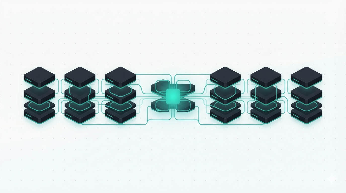 Eight stacks of dark compute modules connected by teal circuit traces converging on a single glowing core — eight GPUs bound into one machine