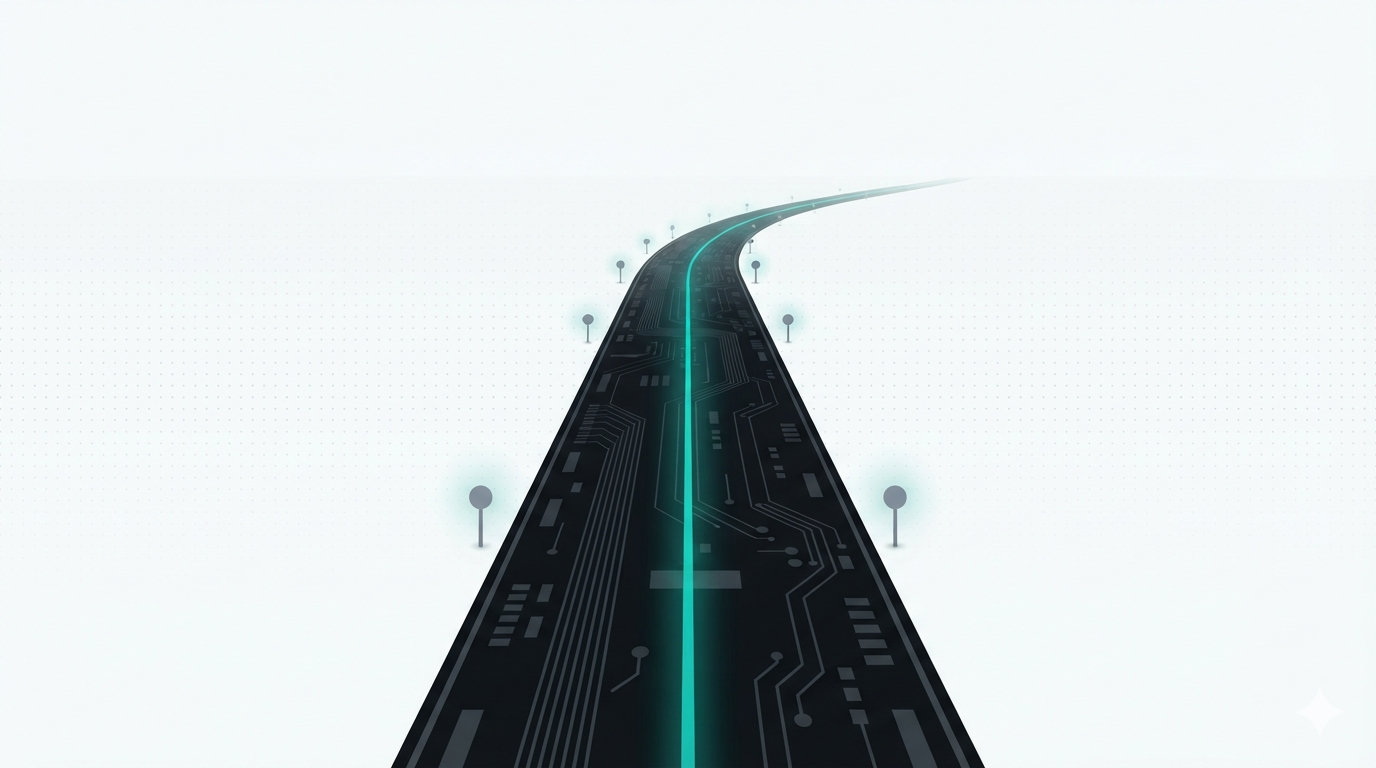 A long dark circuit-board road carrying an unbroken glowing teal line to the horizon, mile-marker nodes lighting up along the way