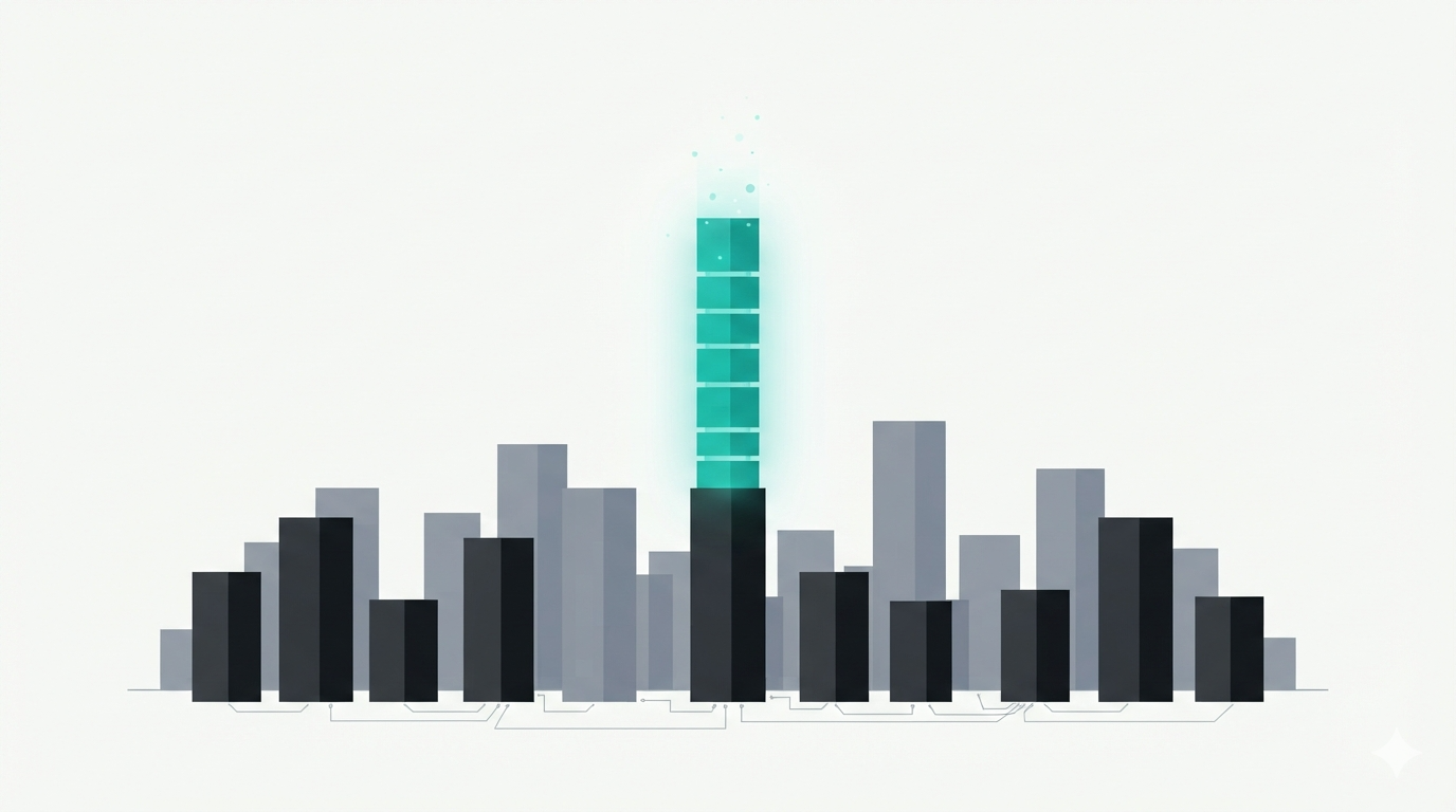 A skyline of dark and gray towers where one tower rises far above the rest on the same dark base, its upper floors glowing teal