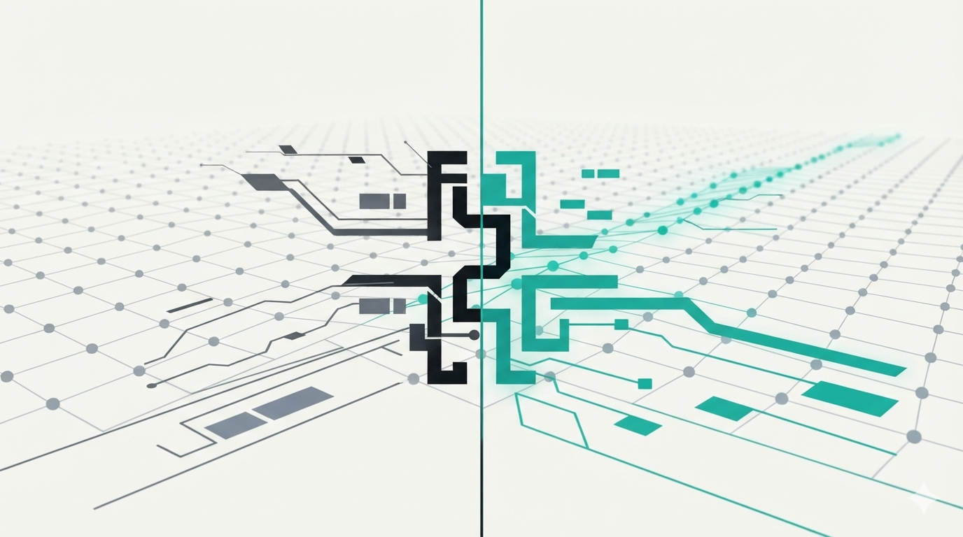 Split composition: charcoal geometric circuit forms on the left face teal forms on the right, interlocking at a central seam