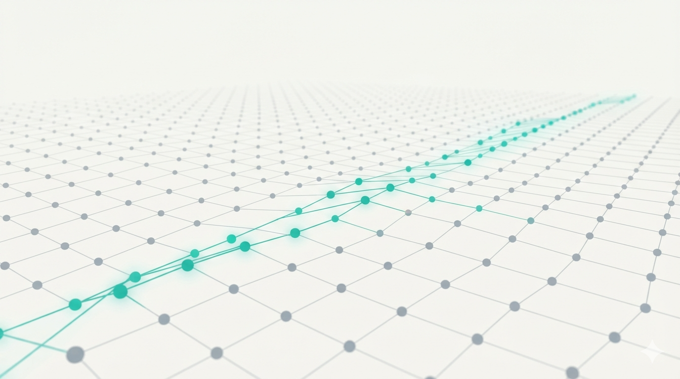 Abstract lattice of dormant gray nodes with a sparse diagonal path of glowing teal nodes — most experts stay dark while only a few fire for each token