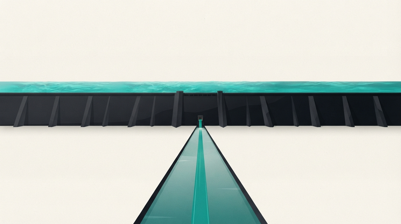 A monumental dark dam holds back a vast glowing teal reservoir, releasing a single steady stream through one sluice into a calm channel below