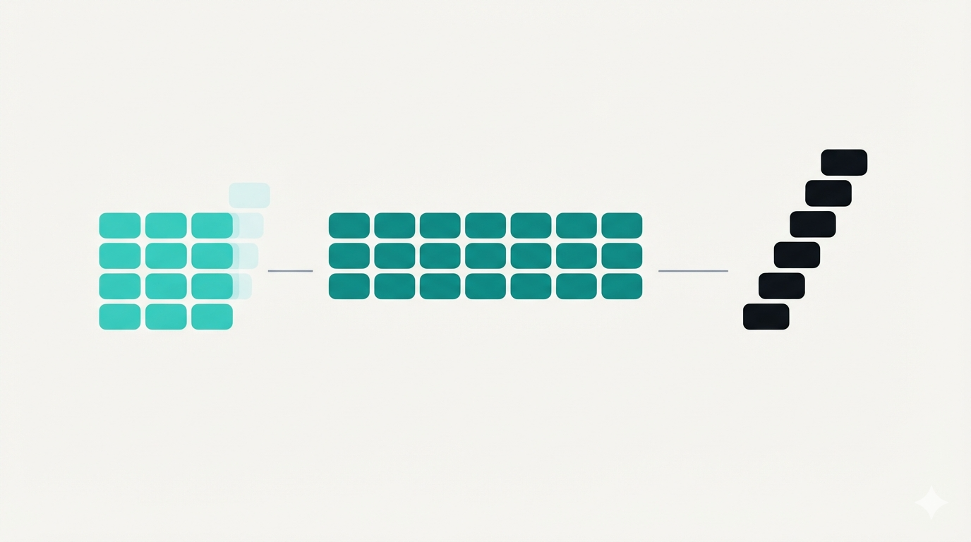 Three groups of rounded tiles: a light-teal block with faint reused copies, a deep-teal band read all at once, and an ink stack built one tile at a time